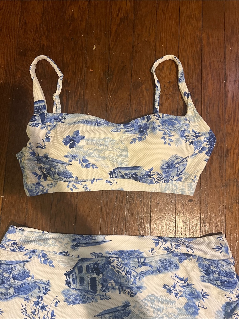 Blue Toile Mini Skirt Set — Women's Two-Piece Skirt & Crop Top - Picture 2 of 12